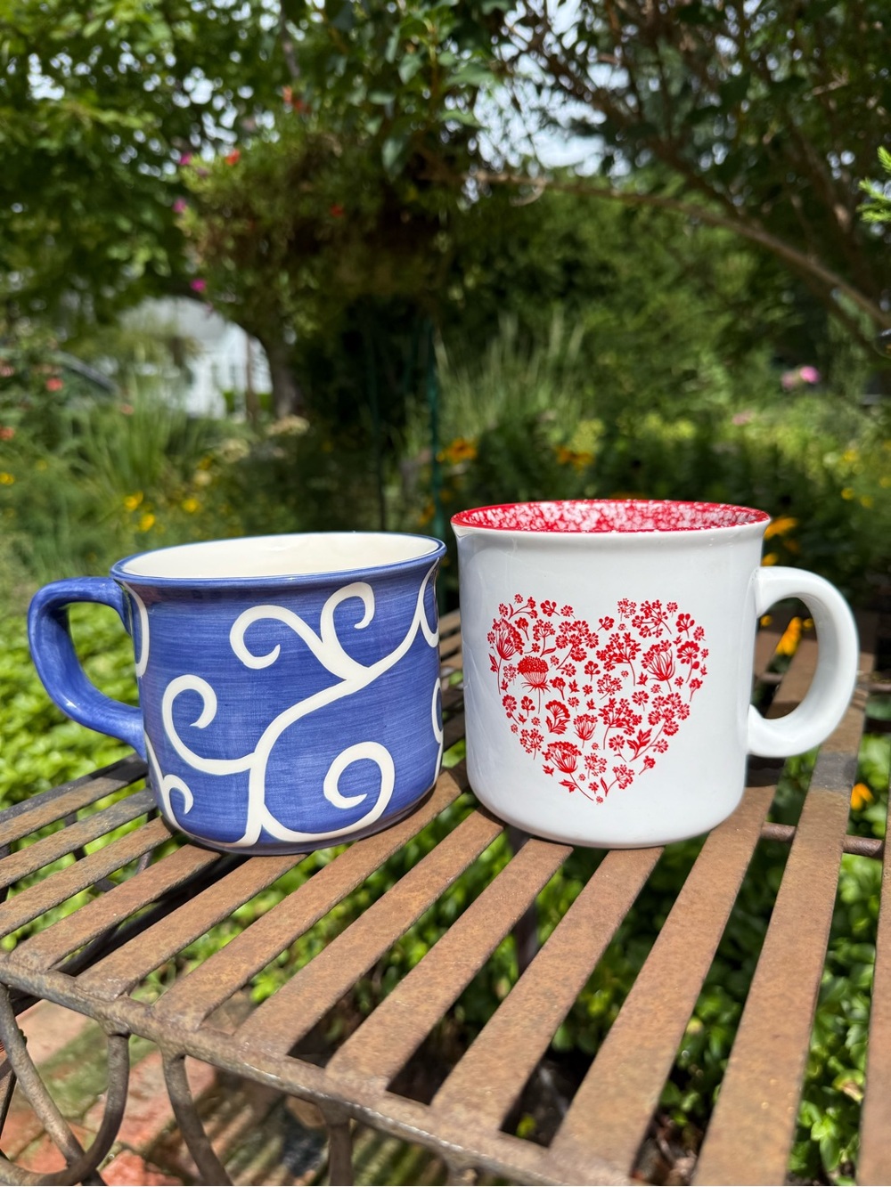Blue Swirl and White Red Heart Ceramic Mugs - Set of 2